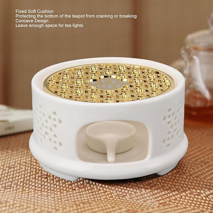 Tea Kettle Warmer, Tea Pot Warmer Ceramic Coffee and Milk Tea Warmer Hollow Frame with Tea Candle Holder Fits Most Teapots for Glass Teapot, Stainless Steel Teapot & More (White)
