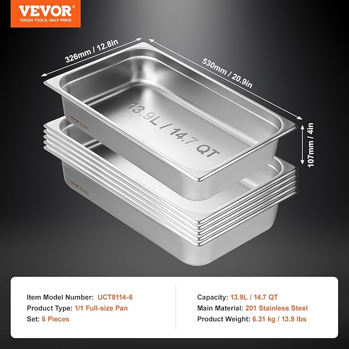 VEVOR 6 Pack Stainless Steel Hotel Pans,Full Size 4 Inch Deep 0.8mm Thick Anti-Jam Commercial Food Pans for Steam Tables, Restaurants, Catering & Industrial Use