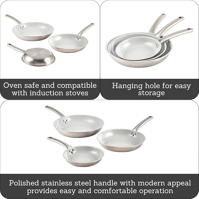 IMUSA 3-Piece Fry Pan Set 8”, 10” & 12” | Ceramic Nonstick Stainless Steel Induction Cookware | Aluminum Skillet Set for Frying, Sautéing & Stir Fry | Oven Safe Cookware with Comfortable Handles