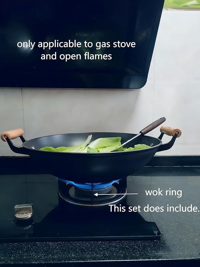 Chinese woks with a lid and a Spatula stir-fry pans deep fryer Cast Iron 16 Inches round bottom pot Uncoated for Open Fire not easy to rust not easy to stick and durable for about 4-8 people