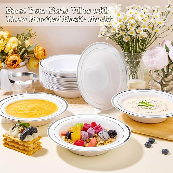 BESTSTAR 100 Pack Disposable Soup Bowls with Silver Rim, 12oz Premium Heavy Duty Plastic Dinner Bowls for Party, Wedding and Holiday