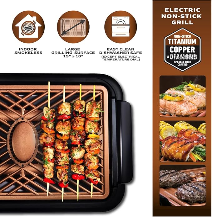 GOTHAM STEEL Smokeless Grill Indoor Grill Ultra Nonstick Electric Grill Dishwasher Safe Surface, Temp Control, Metal Utensil Safe, Barbeque Indoor Grill