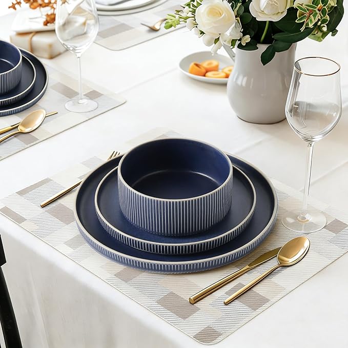 Dinnerware Set Service for 8, 24-Piece Ceramic Plates and Bowls Set, Chip & Scratch Resistant, Microwave and Dishwasher Safe, Modern Minimalist Tableware for Everyday Use, Matte Blue