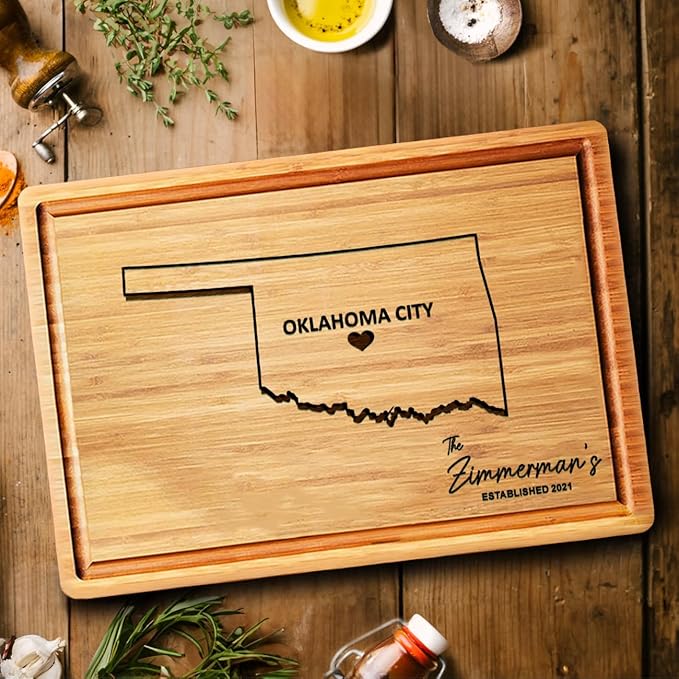State Shaped Cutting Board - Oklahoma Destination Gifts, Wooden States Bamboo Boards, USA Map Decor for Home