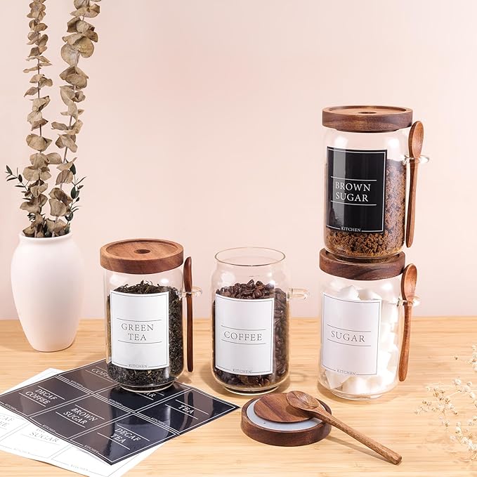 KOSKIMER Coffee and Sugar Container Set, Glass Coffee Jars with Wooden Lids and Scoops, Decorative Sugar Tea Creamer Canisters for Kitchen Countertop (25oz)