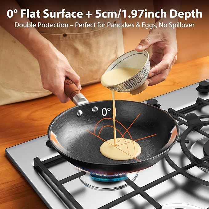 WANGYUANJI 11 Inch Cast Iron Skillet with Glass Lid, Deep Flat Bottom Frying Pan, Uncoated Naturally Nonstick Pan for Steak, Eggs & Stir-Fry, Compatible with Gas, Electric & Induction Cooktops