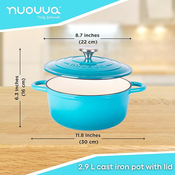 Cast Iron Dutch Oven with Lid – Non-Stick Ovenproof Enamelled Casserole Pot – Sturdy Dutch Oven Cookware – Blue, 3.1-Quart, 22cm – by Nuovva
