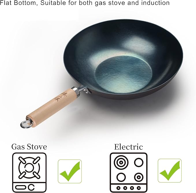 臻三环 ZhenSanHuan HandHammered Iron Wok Flat Bottom Induction Suitable (32CM Wood Handle)