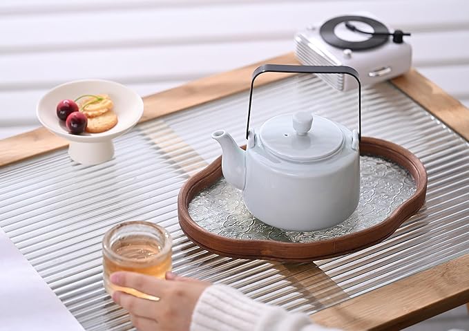 Antique Ceramic Teapot Coffee Pot with Infuser, 400ml (1-2 cups) Small Porcelain Tea Pots for Loose Leaf Tea, with Removable Stainless Steel Strainer and Lid for Gift (Light Cyan(Handle))