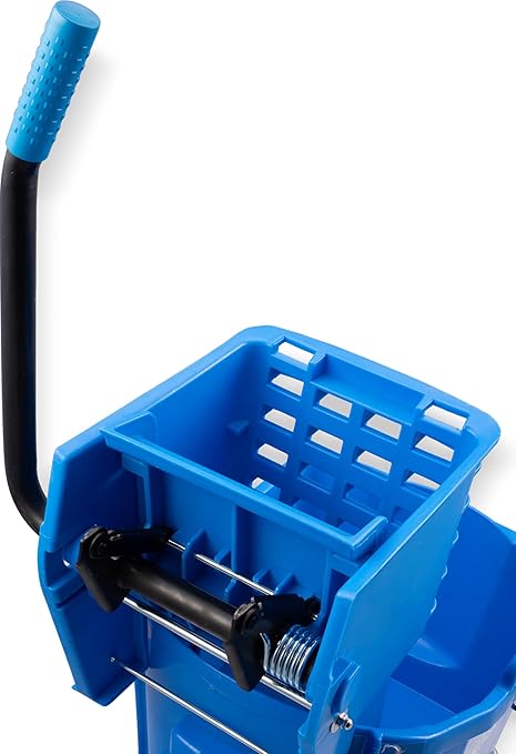 Carlisle FoodService Products 26-Quart Commercial Mop Bucket with Side-Press Wringer, Precision-Molded Polypropylene, Durable Wringer, Bucket with Non-Marking Casters, 18.5 x 16.5 x 23 Inches, Blue