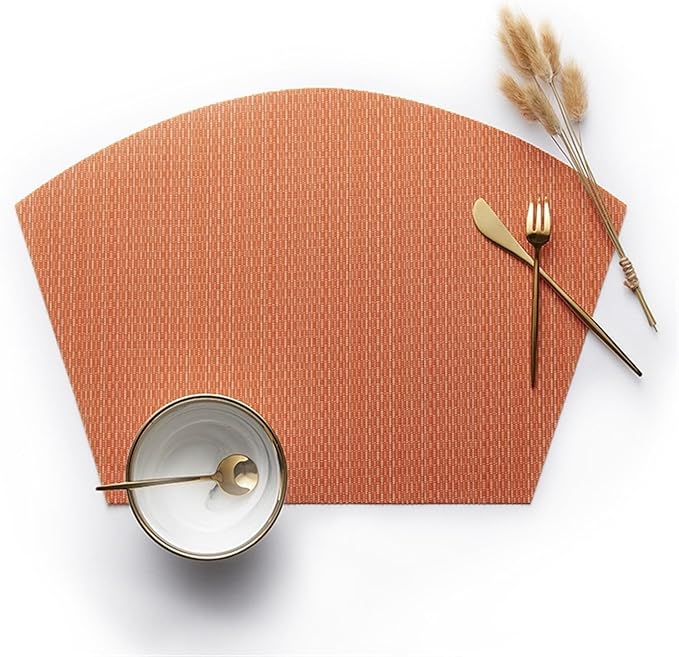 Round Oval PVC Table Placemats Wedge Shaped Dining Table Mats Non-Slip Heat Waterproof Indoor Outdoor Kitchen(San Stripe Orange,6 pcs 45x30cm)
