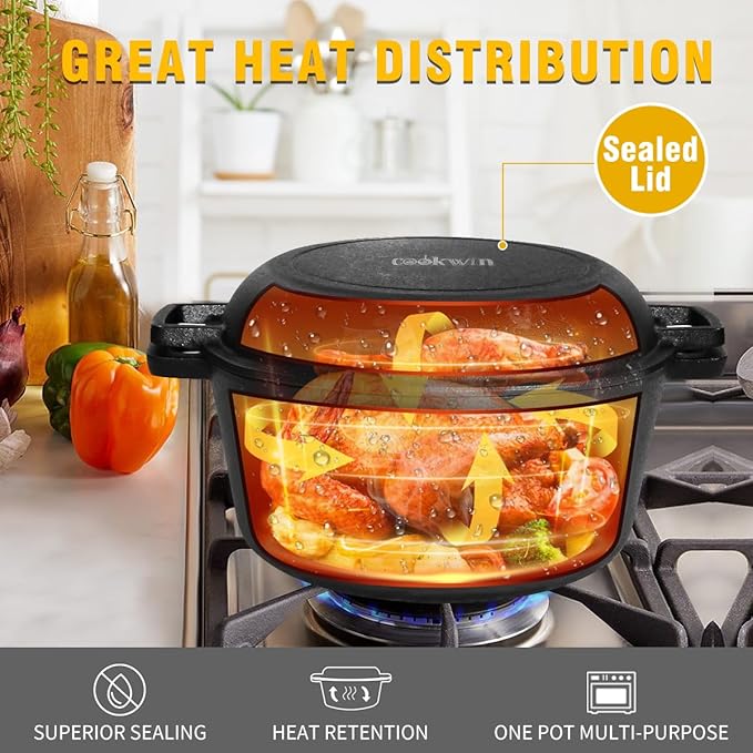 2-in-1 Cast Iron Double Dutch Oven, 5.5 Quart Pre-Seasoned and Dual Handles Skillet Pot Set for Bread Baking, Camping, Frying - Oven, Grill, Campfire and Stovetop Safe, Black