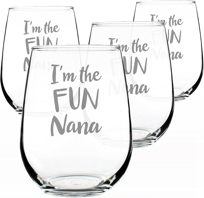 Bevvee Fun Nana - Set of 4 - Funny Stemless Wine Glass, Large Glasses, Etched Sayings, Gift Box
