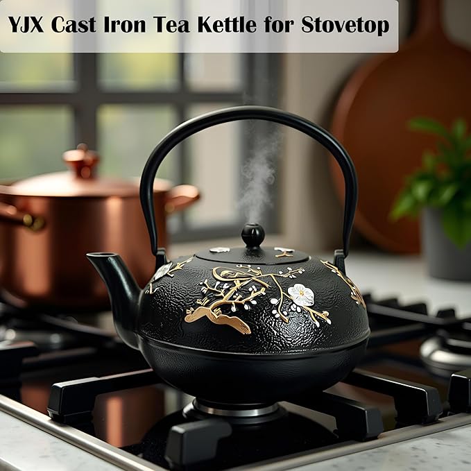 YJX 60.9oz Large Cast Iron Teapot for Stovetop, Japanese Tetsubin, Heavy and Durable Tea Pot, Tea Kettle with Stainless Steel Infuser for Loose Tea, Floral Pattern(1800ML)