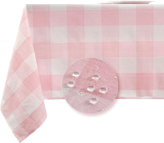 Gingham Tablecloth 55 x 71 Inch – Waterproof Rectangle Table Cloth, Yarn-Dyed Cotton Blend Checkered Tablecloth, Wipeclean Washable Valentines Tablecloth for Dining, Camping, Outdoor (Pink)