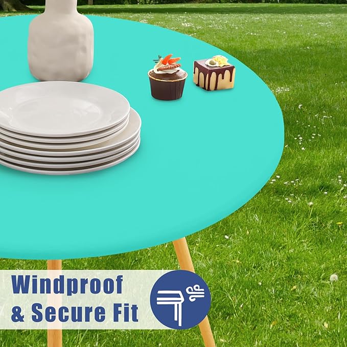 Round Spandex Tablecloth, Elastic Fitted Waterproof Tablecloths for 18"-24" Tables, Stretch Washable Picnic Table Cover for Camping, Dining, Indoor and Outdoor,Aqua Blue