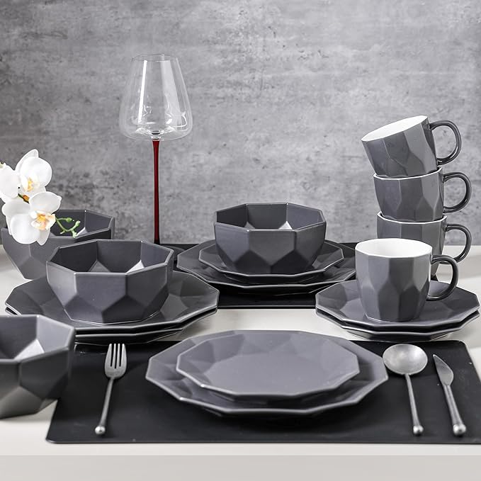 Stone + Lain Jamie Porcelain 16-Piece Geometric Dinnerware Set, Grey
