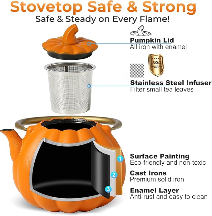 Orange Pumpkin Cast Iron Teapot with Infuser - 40oz Japanese Iron Tea Kettle with Enamel Interior, Cute Halloween Teapot for Loose Tea & Coffee, Stainless Steel Filter, Stove Safe (Orange)