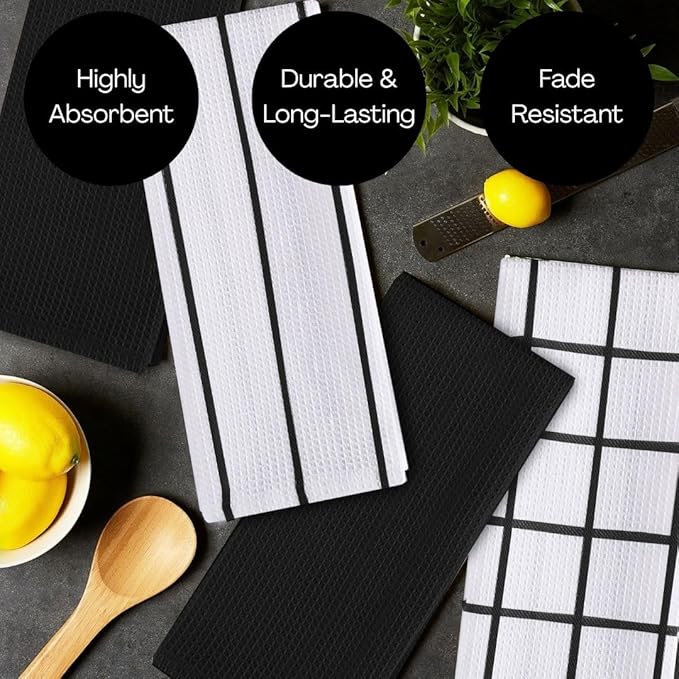 Assorted Waffle Kitchen Dish Towels Cotton Set of 6, Soft Absorbent Quick Drying Table and Kitchen Linen, Tea Towels and Cleaning Towels with Hanging Loop, Dish Towels 15x25 Black