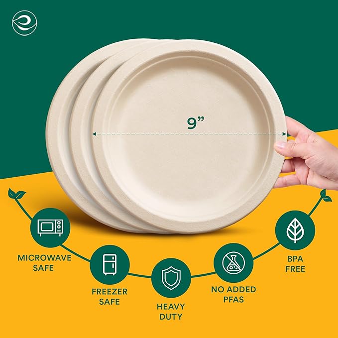 ECO SOUL Compostable 9 Inch(100-Pack) Biodegradable Heavy-Duty Disposable Eco-Friendly Paper Plates for Dinner & Parties, Wedding, Event