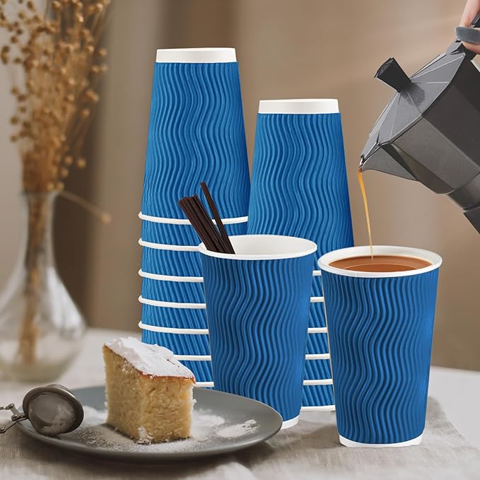 SIUQ 16 oz Coffee Cups-90 Pack Disposable Coffee Cups with Lids and Straws, Insulated Ripple Wall To Go Paper Coffee Cup for Coffee, Hot Chocolate and Hot Tea Drinks - Navy