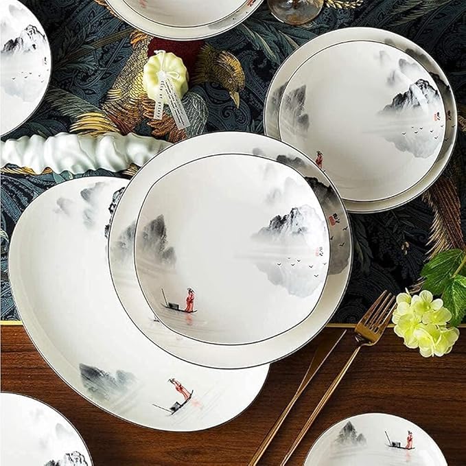 Dinnerware Set, Plates and Bowls Sets, Chinese Style Porcelain Set Dinner Dishes Set Plates/Bowls/Spoons and Soup Pot Service for 12, 60-Piece