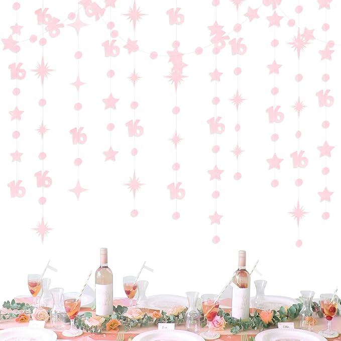 Glitter Pink Number 16 Circle Dot Twinkle Star Garland Hanging Streamer Bunting Banner Backdrop Decorations for Girls Happy 16th Birthday Sweet Sixteen 16th Anniversary Cheers to 16 Years Party Decor