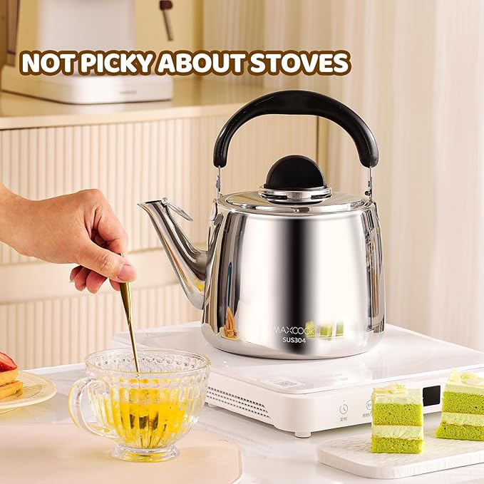 Tea Kettle, 18/8 Stainless Steel Whistling Teapot, 3.17 Quart, Fast Boiling, Anti-Hot Wood Handle (3L,Silver)