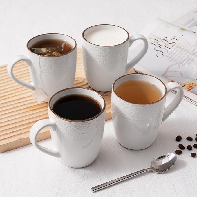 famiware Coffee Mugs Sets for 6, 12 oz Mug Set, Coffee Cups with Handle for Coffee, Tea, Cocoa and Milk, Microwave and Dishwasher Safe, White Floral