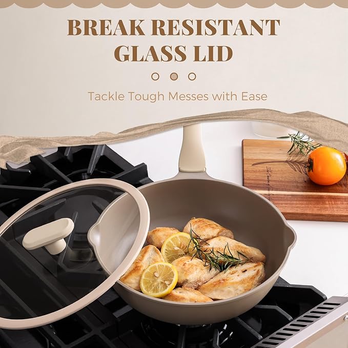 PRICUSIS Nonstick Deep Frying Pan with Glass Lid, 12 Inch (4.8 qt), 5X Durable Nonstick Sauté Pan, Scratch & Stain Resistant, PFOA Free, Induction Compatible, Dishwasher & Oven Safe, Natural Linen