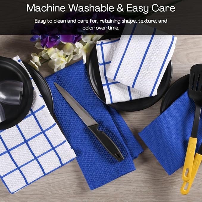Assorted Waffle Kitchen Dish Towels 100% Cotton Set of 6, Soft Absorbent Quick Drying Table and Kitchen Linen, Tea Towels and Cleaning Towels with Hanging Loop, Dish Towels 15x25 Blue
