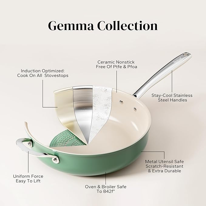 Redchef Ceramic Saute Pan with Lid, Nonstick Deep Frying Pan, 5QT Jumbo Cooker with Helper Handle & Lid, Non Toxic Ceramic Cooking Pan, Chef Pan, Dishwasher & Oven Safe, PFAS PFOA & PTFE Free（Green）