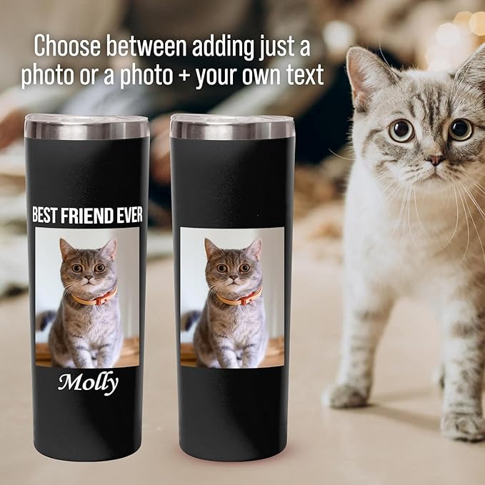 Custom pet picture tumbler with lid, insulated stainless steel 20oz personalized photo thermo cup for animal lovers, drinking glass for cat mom & dog dad, pet loss memorial gift (Pet pictures)
