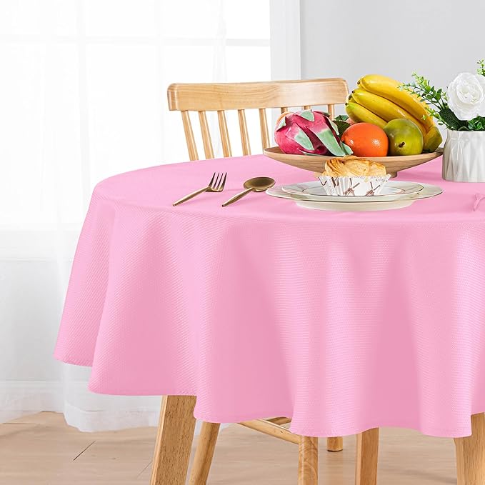 Hiasan Round Textured Tablecloth 60 Inch - Waterproof Spillproof Antiwrinkle Jacquard Table Cloth, Decorative Polyester Table Cover for Kitchen, Outdoor Picnic, Holiday and Parties, Pink