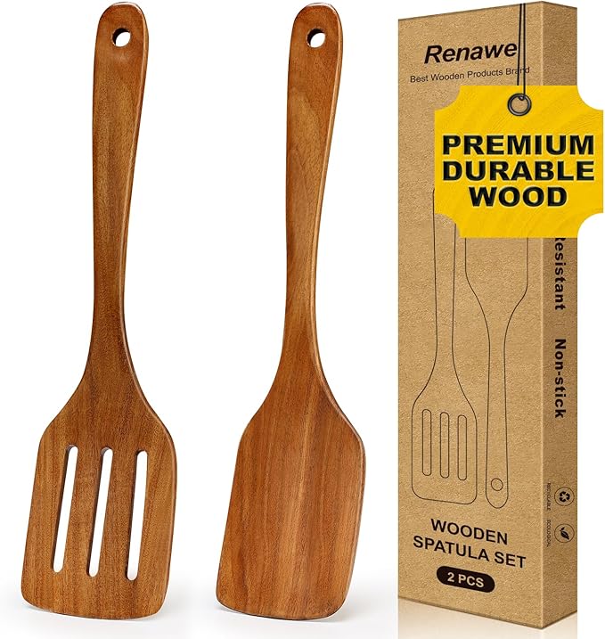 2 PCS Acacia Wood Spatula for Cooking Utensil Set Baking Spatulas for Kitchen Use Accessories Flat Slotted Turner Non Toxic Olive Wooden Utensils Non Stick Bamboo Serving Spatula Long Wok Spatulas