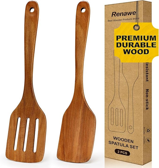 2 PCS Acacia Wood Spatula for Cooking Utensil Set Baking Spatulas for Kitchen Use Accessories Flat Slotted Turner Non Toxic Olive Wooden Utensils Non Stick Bamboo Serving Spatula Long Wok Spatulas