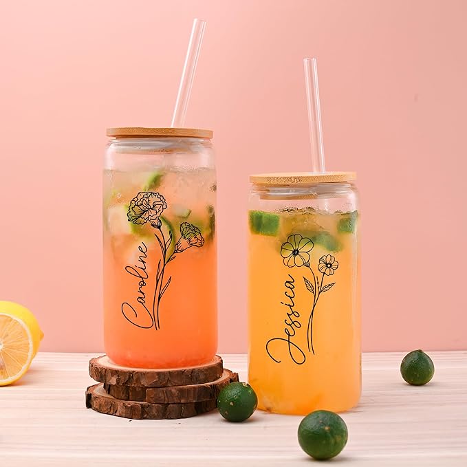BJZLWJ Personalized Glass Tumbler Cups with Straw and Lid, Custom 16 Oz Water Glass with Birth Month Flower, Iced Coffee Cup with Name, Gifts for Women, Mom, Teachers, Birthday, Mother's Day