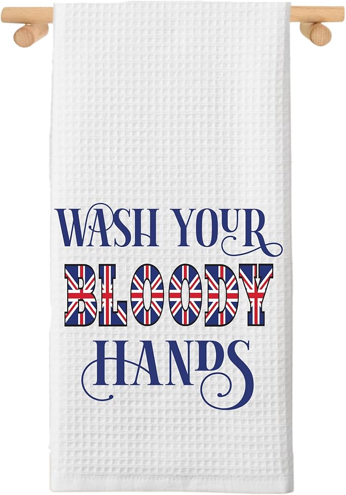 Funny Union Jack British Wash Your Hands Tea Towel, British Gift Kitchen Towel, British Dish Towel, Microfiber Waffle