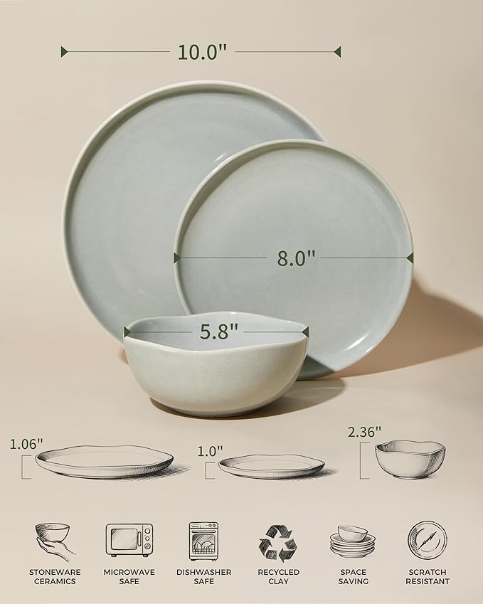 Dinnerware Sets for Family of 6, Ceramic Plates and Bowls Set, Kitchen Dish Set, Microwave & Dishwasher Safe Dishware, Highly Durable Reactive Glazed Dinner Set, Gray Green