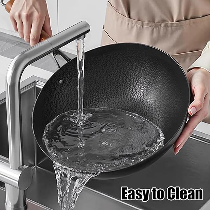 Titanium Hammered Wok with Lid, Pre-Seasoned Cast Iron Nonstick Stir-Fry Pan, Flat Bottom Wok, Scratch-Resistant Non Stick Titanium Pans for Cooking,12.6IN