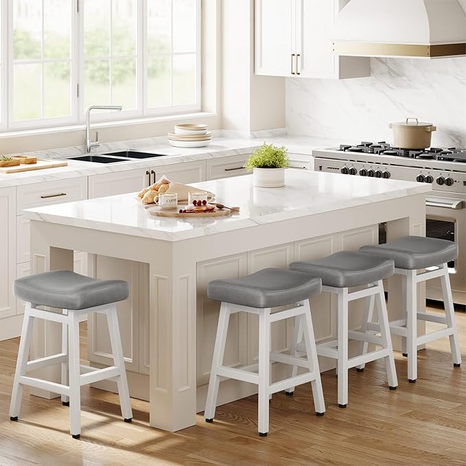 Counter Height Bar Stools Set of 3, 24 Inch Barstools for Kitchen Counter, Kitchen Stools with Bonded Leather Saddle Seats & Heavy Duty Metal Legs, Easy Assembly, Gray/White