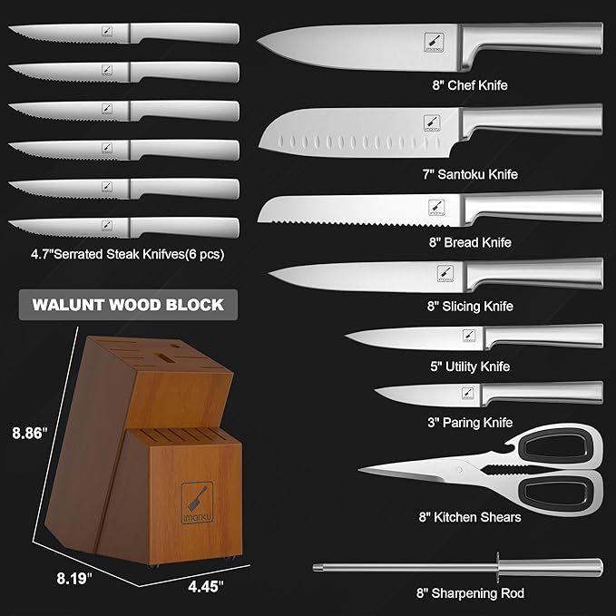 imarku Knife Set - Kitchen Knife Set 15 Pieces Japanese Stainless Steel Knife Block Set with Sharpener - Dishwasher Safe Kitchen's Knives - Ultra Sharp Chef Knife Set for Kitchen