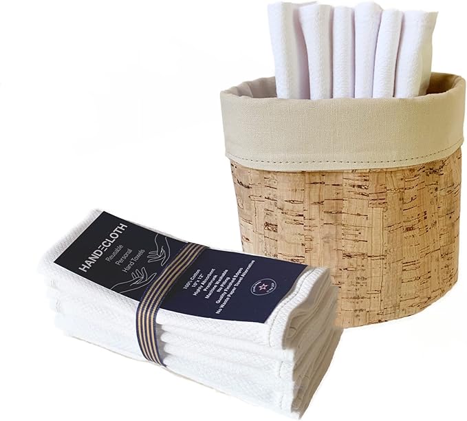 Reusable Paper Towel Set/Towels with Cork Fabric Basket/American Made/Machine Washable/Absorbent and Durable Edges and No Pilling (Reversible Khaki & Cork Basket, 12 Towels)