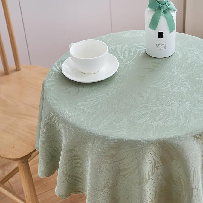 Round Tablecloth Green Small 40 Inch Table cloths Up to 26" Dia Tables Leaves Pattern Scalloped Edge Waterproof Washable Jacquard Table Cover-Kitchen Dining Room Tabletop Decor Coffee Bar