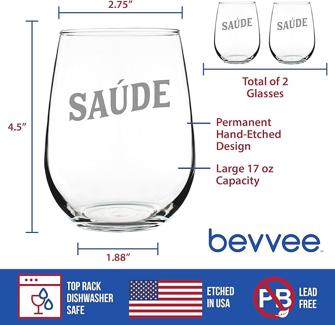 Bevvee Saude - Portuguese Cheers - Stemless Wine Glass - Portugal Themed Gifts or Party Decor for Women - Set of 2 - Large