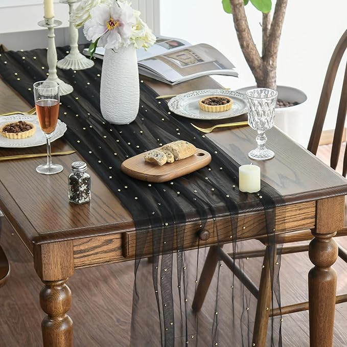 Artoid Mode 10PCS Pearl Black Gauze Table Runner 120 Inch 10FT, Seasonal Sheer Dining Holiday Wedding Birthday Baby Shower Table Decor for Home Party