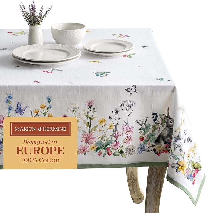 Maison d' Hermine Table Cloth Square Table 100% Cotton 60 x 60 Inches Tablecloth Reusable Decorative for Dining Room Farmhouse Home Valentines Day Decorations Spring Summer - Printemps