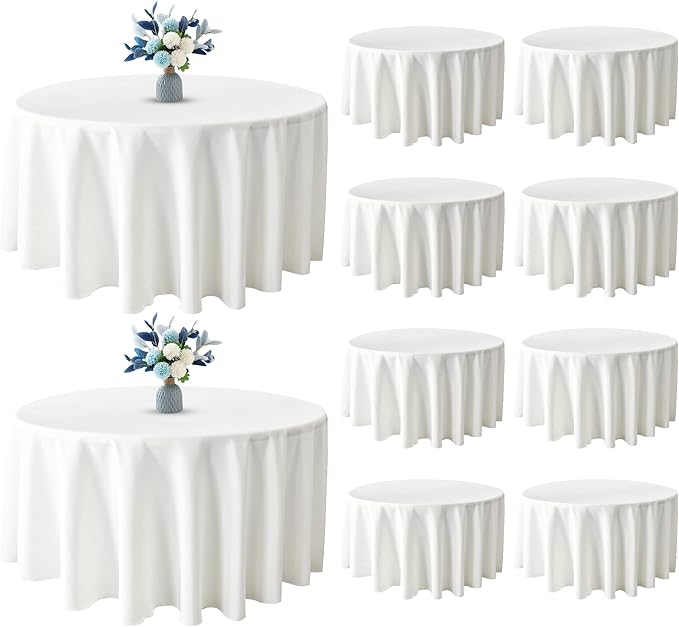BIGTONE 10 Pack White Polyester Round Tablecloth 120 Inch, Wrinkle and Stain Resistant Washable Polyester Fabric Table Cloth for Dining Room Kitchen Party, White