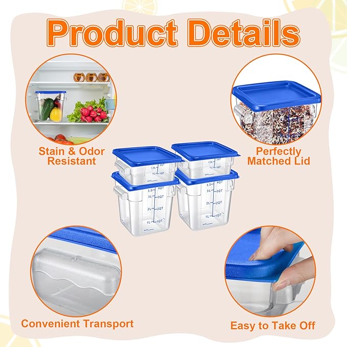 Suclain 8 Pcs Food Storage Container with Lids Set 2qt and 4qt Square Clear Commercial Containers with Scales Handles for Home Restaurant Kitchen Food Storage, Marinating Meat, Proof Dough (Blue)