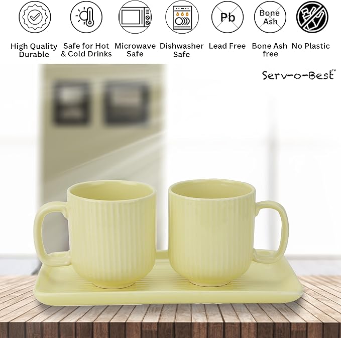 Ceramic Coffee Mugs with Handle Set – 2-Piece 11 Oz Ceramic Coffee Cups & 9" Tray, Handmade Lemon Yellow Color, Microwave Safe Gift Set for Tea Lovers, Home Kitchen Décor